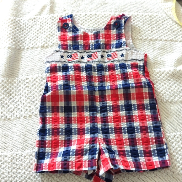 9-12 month smocked romper overalls patriotic flags 4th of July - Picture 1 of 2